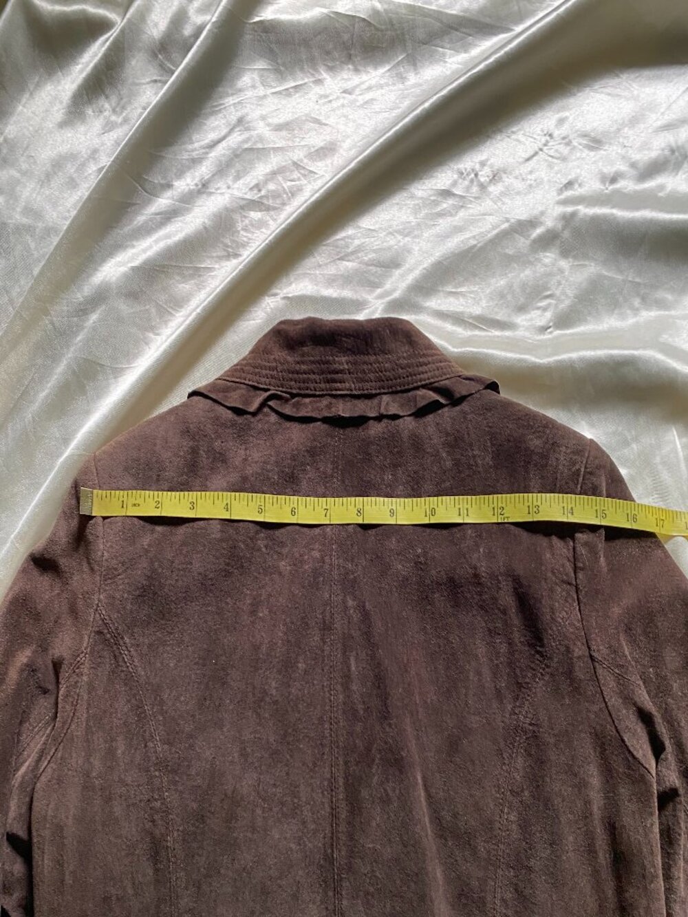 Vintage 1990s Parisian Chocolate Brown Suede Ruffle Blazer Small Boho Chic - Picture 8 of 8